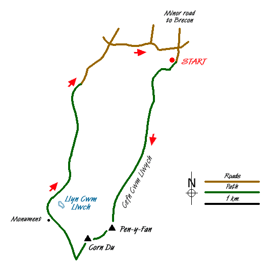 Route Map - Pen y Fan & Corn Du from Cwmgwdi Walk