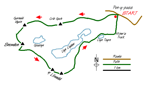 Route Map - The Snowdon Horseshoe from Pen-y-pass Walk