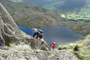 Exiting the top of Jack's Rake on Pavey Ark