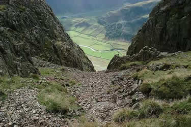 The top of the South scree shute beneath Pike o' Stickle