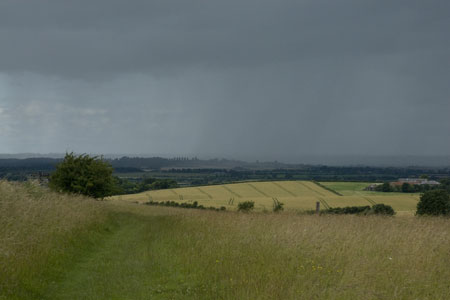 Rain arrives on Ashridge Boundary path near Crawley Wood