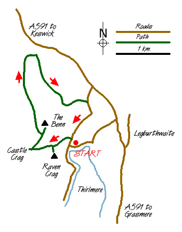 Route Map - Raven Crag, the Benn & Shoulthwaite Gill near Thirlmere Walk