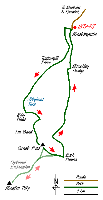 Route Map - Great End via the north west face from Seathwaite Walk