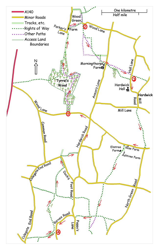 Route Map - Tyrrel's Wood and Boudicca Way Walk