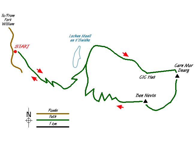 Route Map - Ben Nevis via Carn Mor Dearg arete Walk