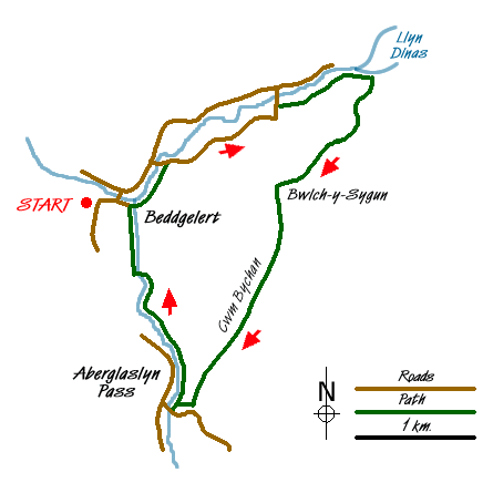 Route Map - Llyn Dinas and Cwm Bychan from Beddgelert Walk