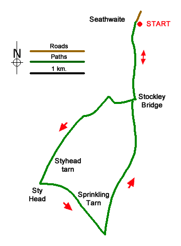 Route Map - Styhead Tarn & Sprinkling Tarn from Seathwaite Walk
