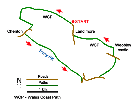 Route Map - Cheriton & Weobley Castle from Landimore Walk