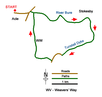 Route Map - River Bure and Tunstall Dike from Acle
 Walk