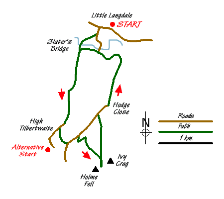 Route Map - Tilberthwaite and Holme Fell Little Langdale Walk