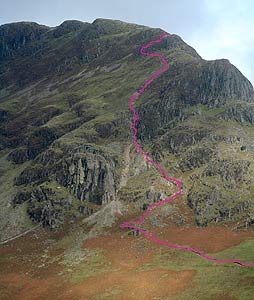 The descent route from Yewbarrow highlighted on the image