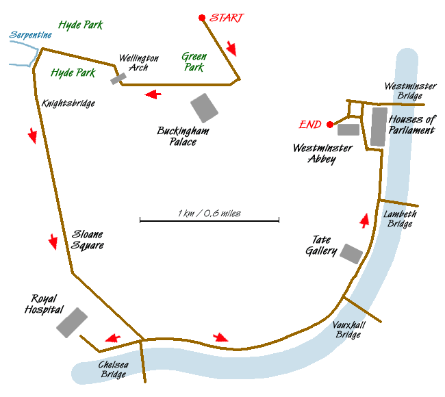 Route Map - Green Park to Westminster via Sloane Square Walk