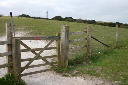Wooden gate part way up Butser Hill 