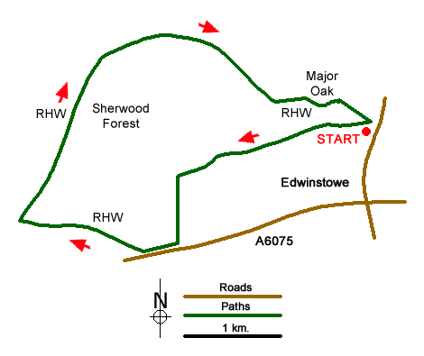 Route Map - Edwinstowe, Sherwood Forest & Major Oak circular Walk