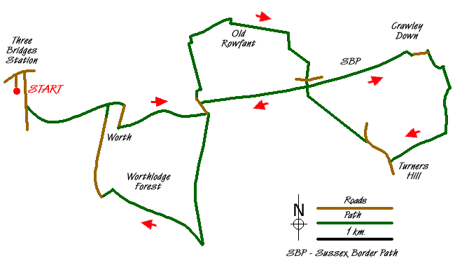 Route Map - Worth Way from Three Bridges, near Crawley Walk