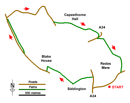 Route Map - Siddington & Redes Mere Circular Walk