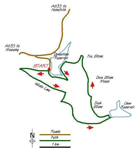 Route Map - Chew Reservoir & Fox Stone from Dovestones Walk