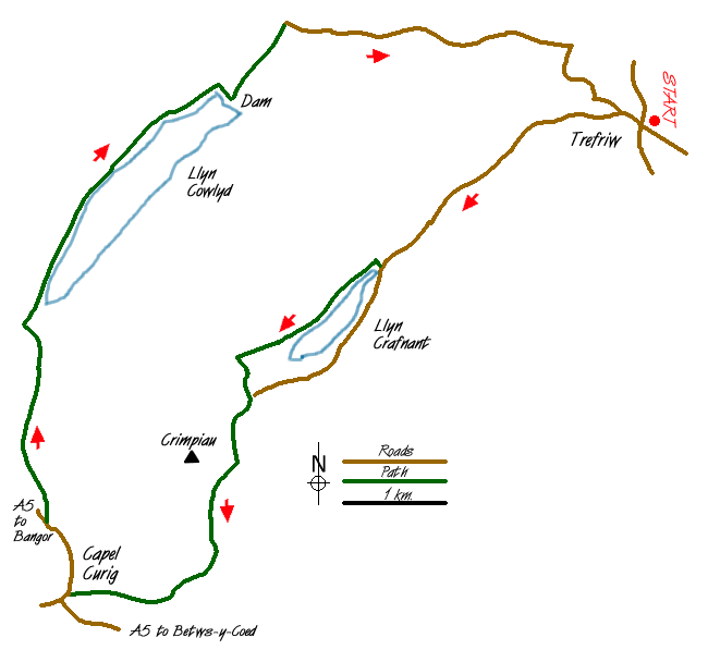 Route Map - Llyn Crafnant, Capel Curig & Llyn Colwyd from Trefriw Walk