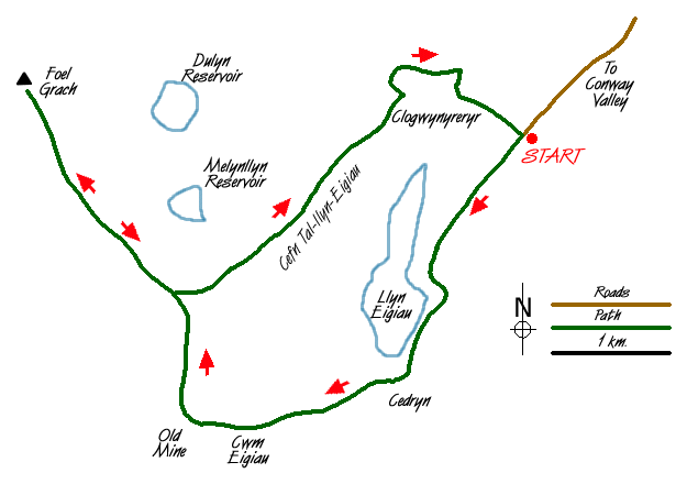Route Map - Foel Grach & Llyn Eigiau Walk