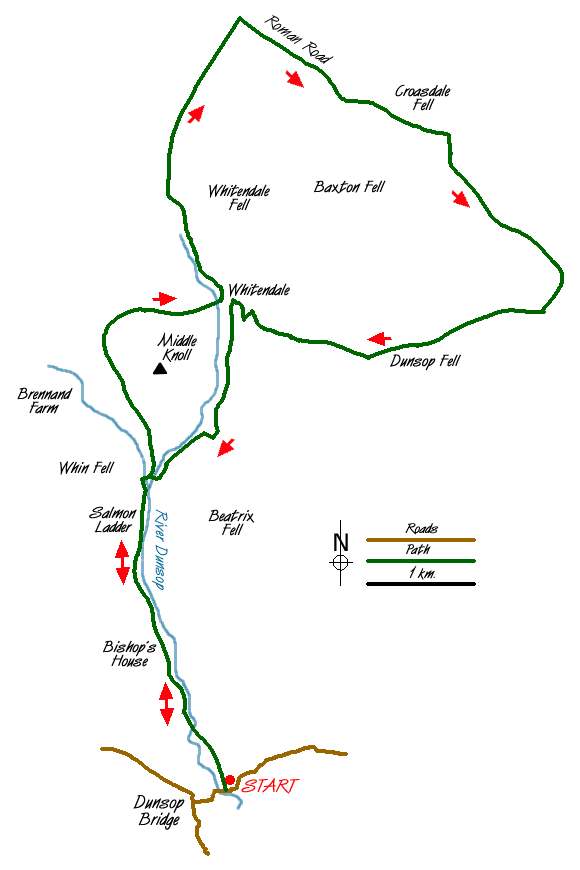 Route Map - Whitendale & Dunsop Fell from Dunsop Bridge Walk