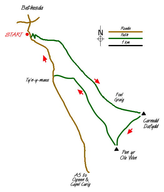 Route Map - Carnedd Dafydd & Pen yr Ole Wen from Bethesda Walk