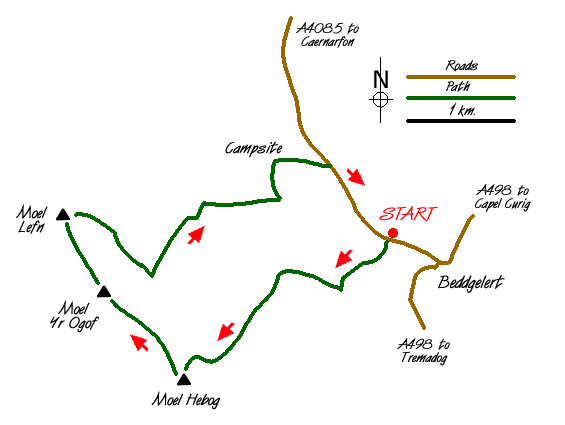 Route Map - Moel Hebog, Moel yr Ogof & Moel Lefn from Beddgelert Walk