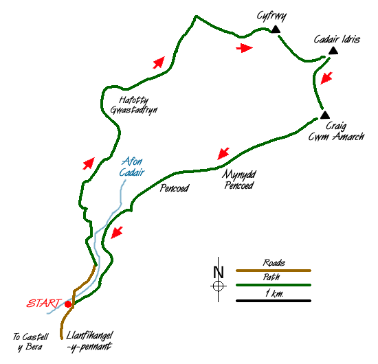 Route Map - Cadair Idris from Llanfihangel-y-pennant Walk