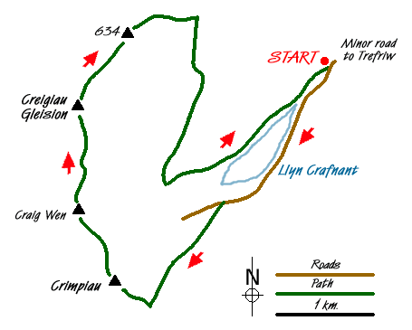 Route Map - Crimpiau & Creigiau Gleision from Llyn Crafnant Walk