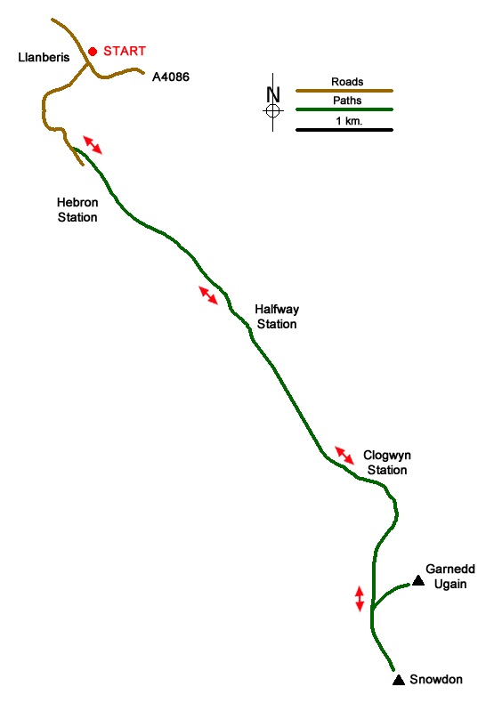 Route Map - Snowdon & Garnedd Ugain from Llanberis Walk