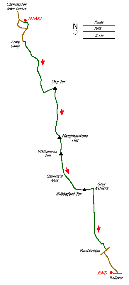 Route Map - North Moor crossing from Okehampton to Bellever Walk