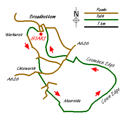 Route Map - Coombs Ridge, Cown Edge from Broadbottom Walk