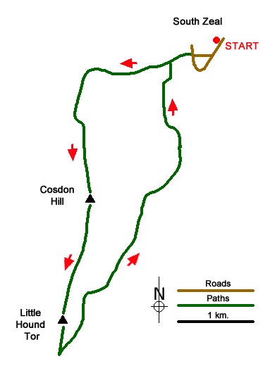 Route Map - Cosdon Beacon from South Zeal Walk