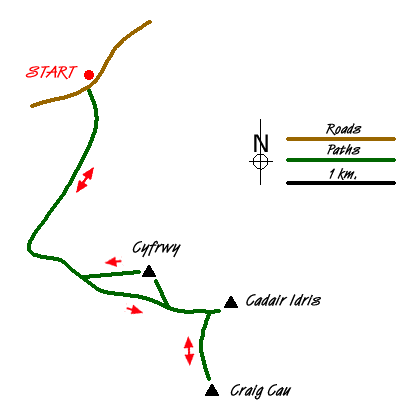 Route Map - Cadair Idris, Craig Cau and Cyfrwy by the Pony Path Walk