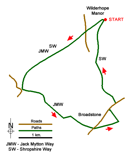 Route Map - Wenlock Edge & Broadstone from Wilderhope Manor Walk