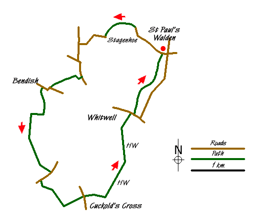 Route Map - Cuckolds Cross & Whitwell from St Paul's Walden Walk