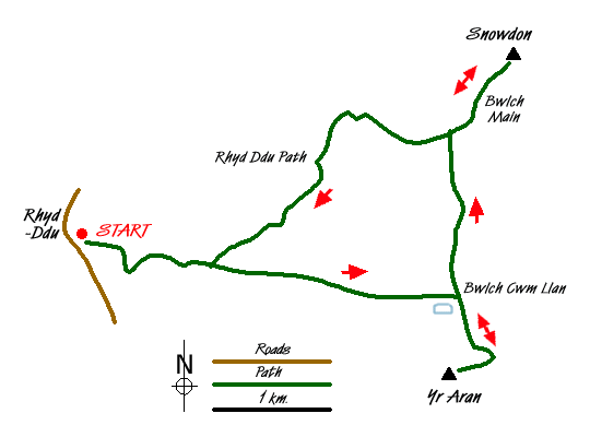 Route Map - Yr Aran and Snowdon from Rhyd-Ddu Walk