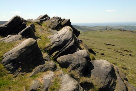 Shaw Rocks above Uppermill with the obelisk in view