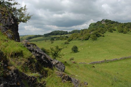 Rainster Rocks (right) from the approach from Brassington