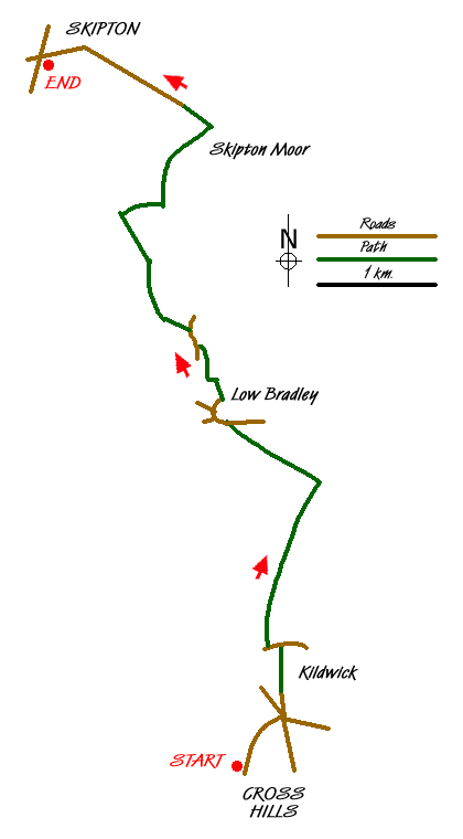 Route Map - Cross Hills to Skipton via Low Bradley Walk