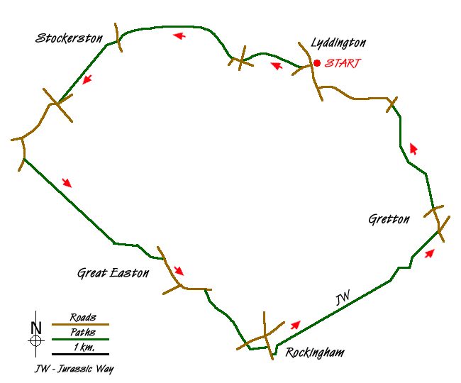 Route Map - Stockerston, Great Easton & Gretton from Lyddington Walk