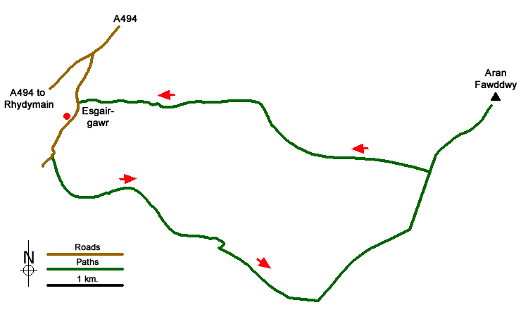 Route Map - Aran Fawddwy northern approach Walk