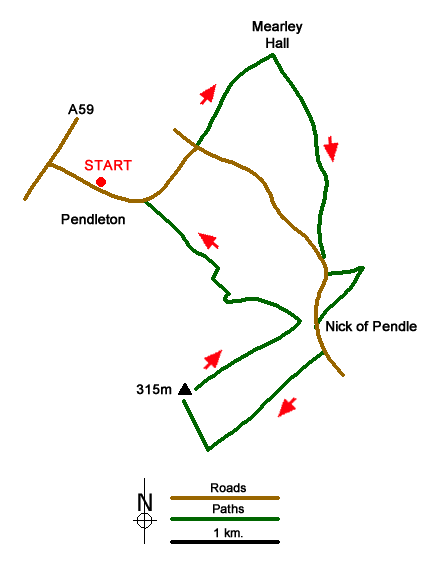 Route Map - Nick of Pendle from Pendleton Walk