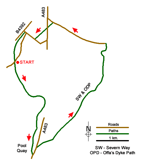 Route Map - Montgomery Canal & River Severn near Welshpool
 Walk