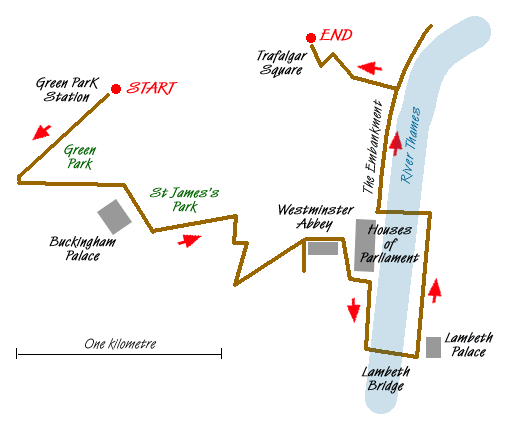 Route Map - Green Park to Trafalgar Square via Lambeth Bridge Walk
