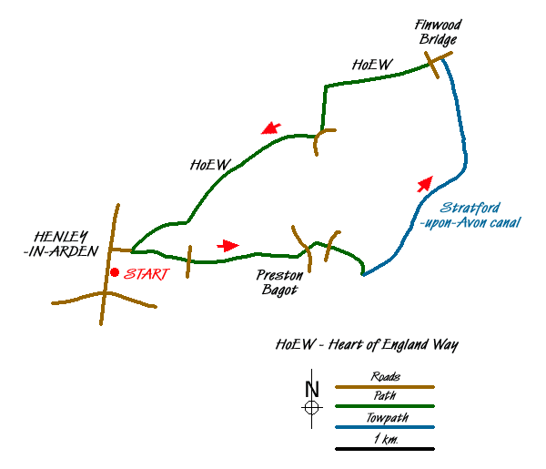 Route Map - Preston Bagot & Finwood from Henley-in-Arden Walk
