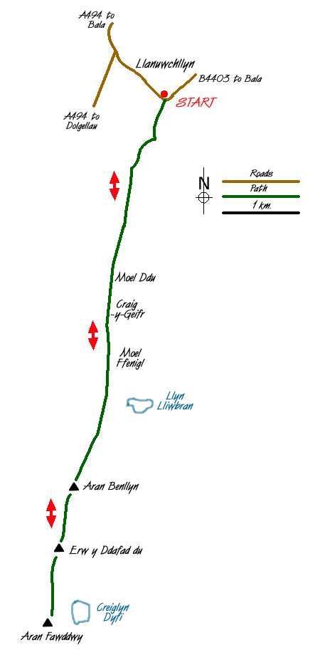 Route Map - Aran Benllyn & Aran Fawddwy from Llanuwchllyn Walk