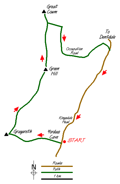 Route Map - Gragareth & Great Coum from Yordas Cave Walk