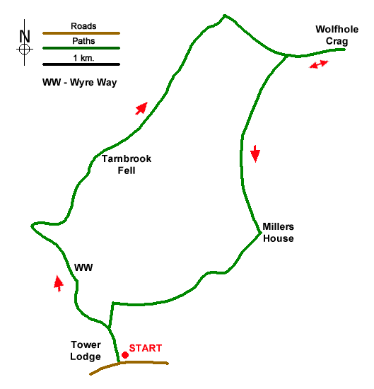 Route Map - Wolfhole Crag from Tower Lodge Walk