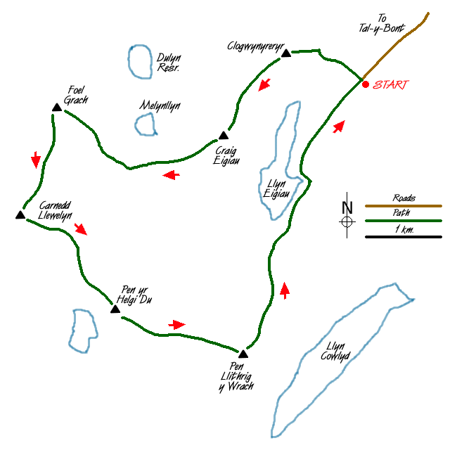 Route Map - The Carneddau from Llyn Eigiau Walk
