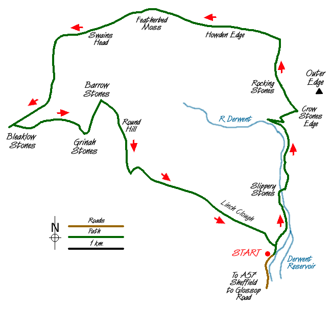 Route Map - Bleaklow Stones from Derwent Valley Walk